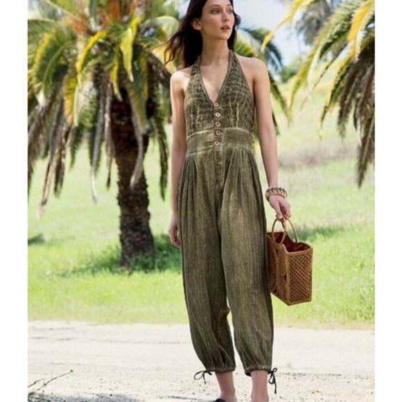 Free People Pants - Free People Travel Light Halter Neck Smocked Moss Green Jumpsuit Small Hippie